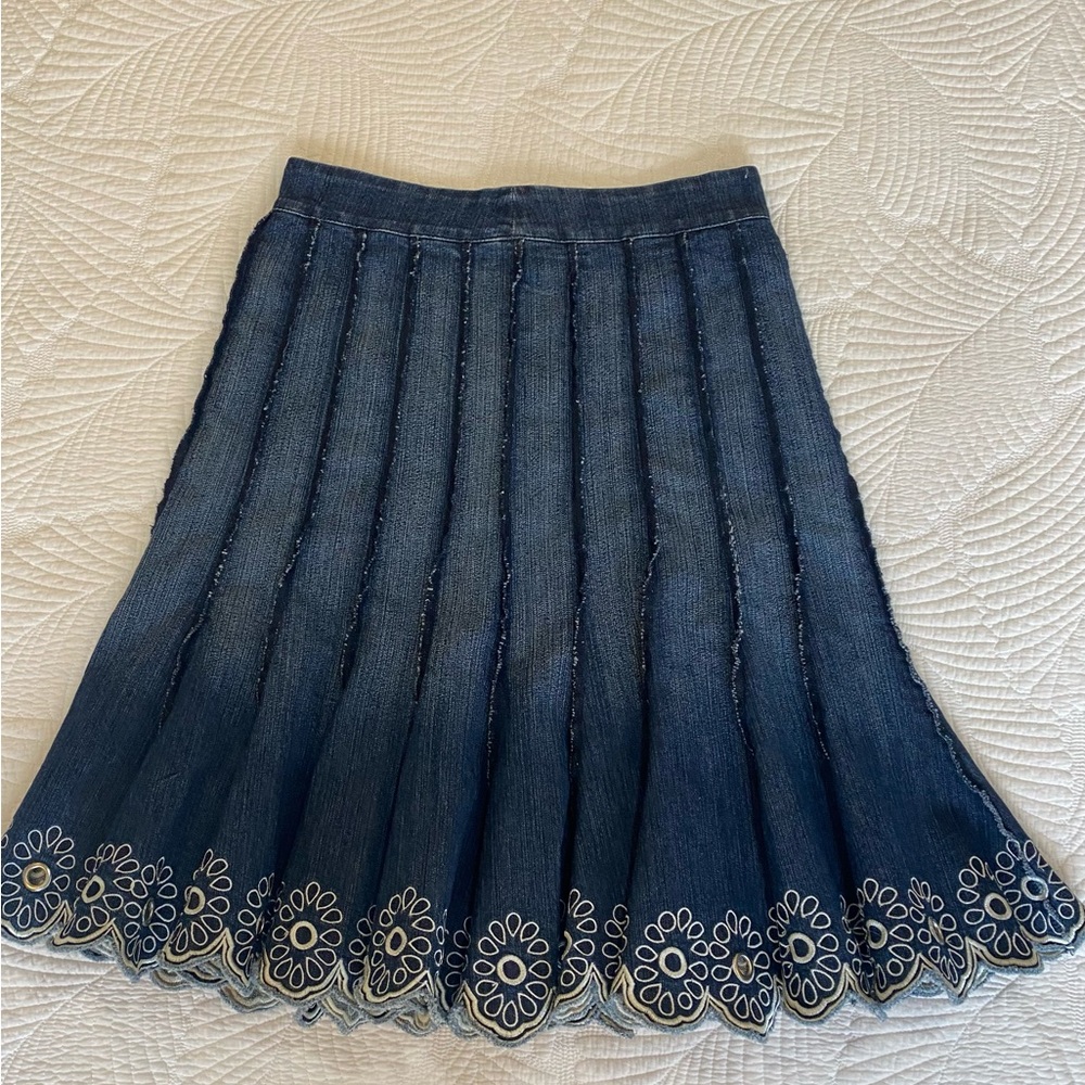 Y2K Blue Denim Midi Skirt with Scalloped Eyelet Hem - Picture 1 of 5